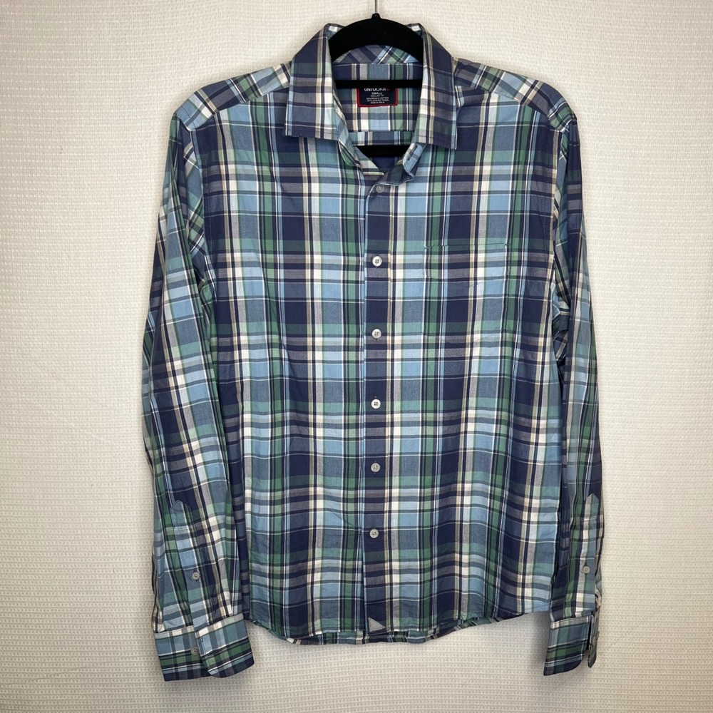 Untuckit Rombauer Summer Plaid Shirt Mens Small Blue Green Cotton Tencel 41833
